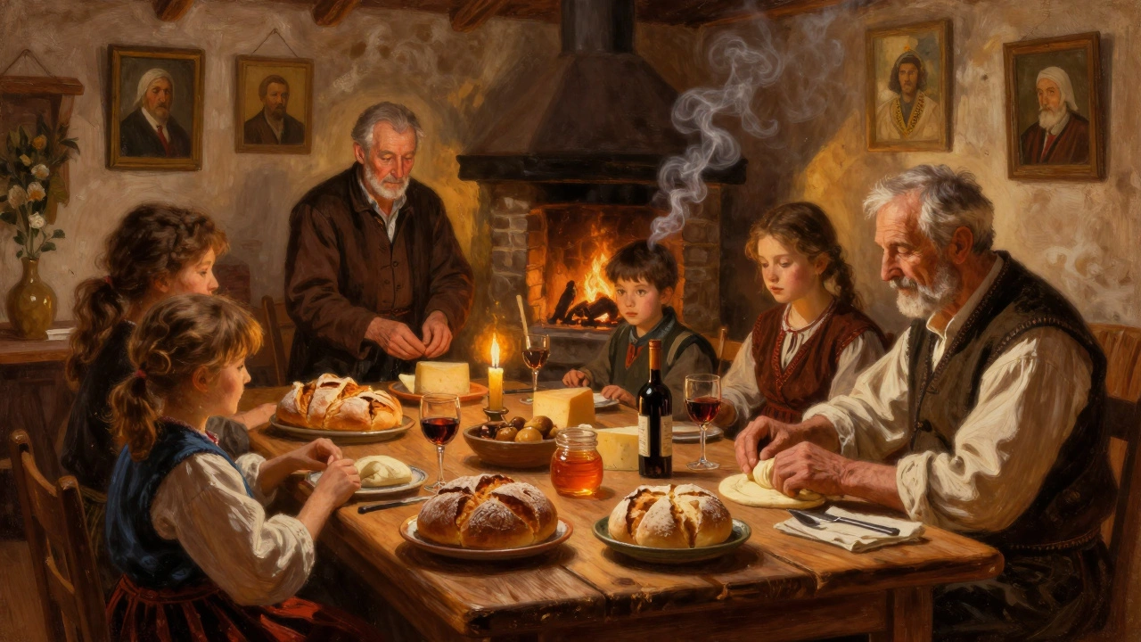 A Croatian family gathers around a wooden table celebrating &#039;slavski kolač&#039; with candlelight and traditional food.