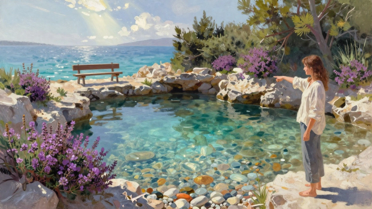A secluded Croatian cove with clear turquoise water and wild herbs, a woman pointing toward the sea.