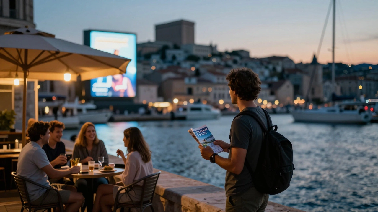 A traveler at Marseille&#039;s Old Port holding a travel guide, facing real locals as fake ads fade behind them.