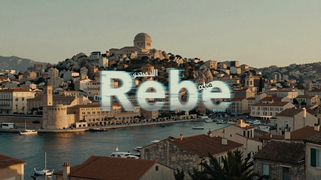 Surreal overlay of Marseille landmarks with glitching slang text floating in the air like digital ghosts.